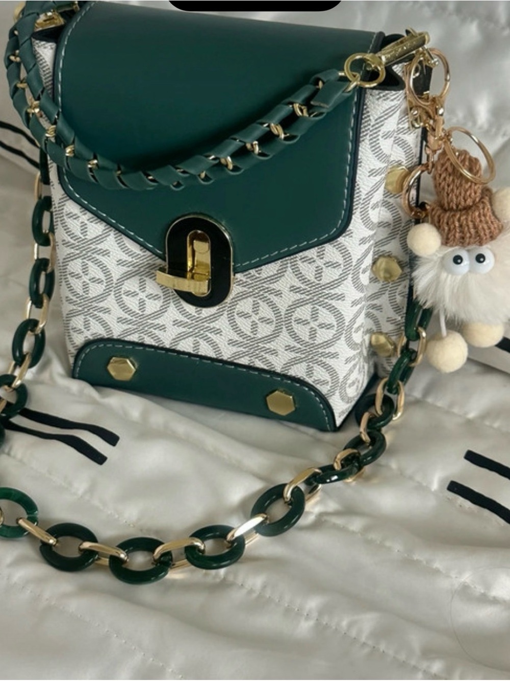 Compact Green and White Patterned Crossbody Bag with Gold Hardware